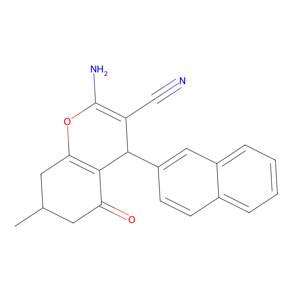2-amino-7-methyl-4-(naphthalen-2-yl)-5-oxo-5,6,7,8-tetrahydro-4H-chromene-3-carbonitrile molecular structure, CAS 414899-70-0