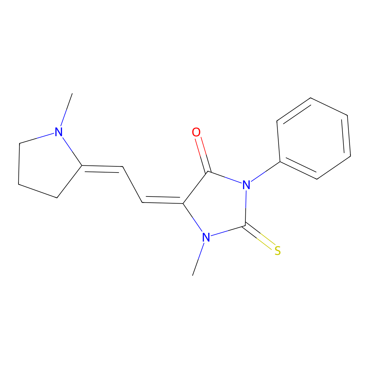 1-Methyl-5-[2-(1-methylpyrrolidin-2-ylidene)ethylidene]-3-phenyl-2-sulfanylideneimidazolidin-4-one molecular structure, CAS 41504-35-2