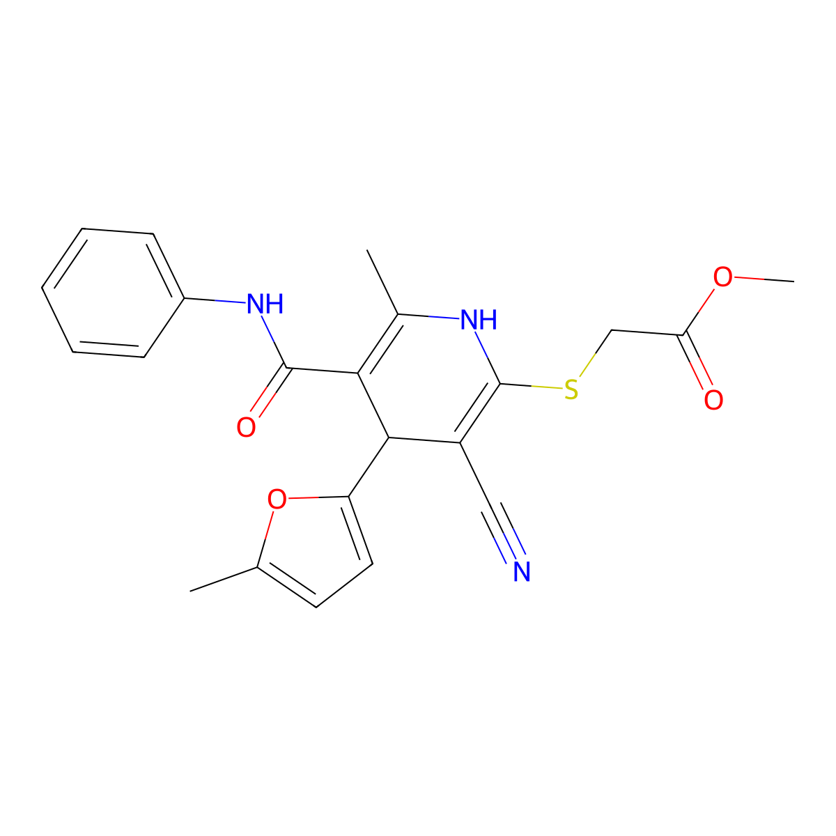 Methyl 2-[[3-cyano-1,4-dihydro-6-methyl-4-(5-methyl-2-furanyl)-5-[(phenylamino)carbonyl]-2-pyridinyl]thio]acetate molecular structure, CAS 415688-15-2
