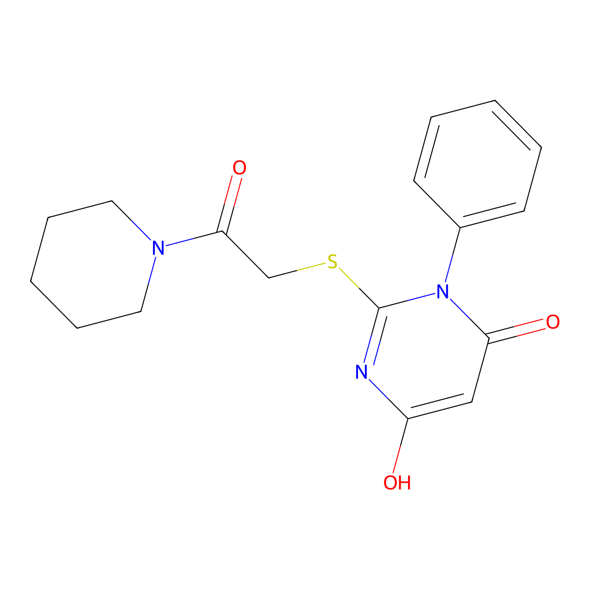 6-hydroxy-2-{[2-oxo-2-(1-piperidinyl)ethyl]thio}-3-phenyl-4(3H)-pyrimidinone molecular structure, CAS 415715-19-4