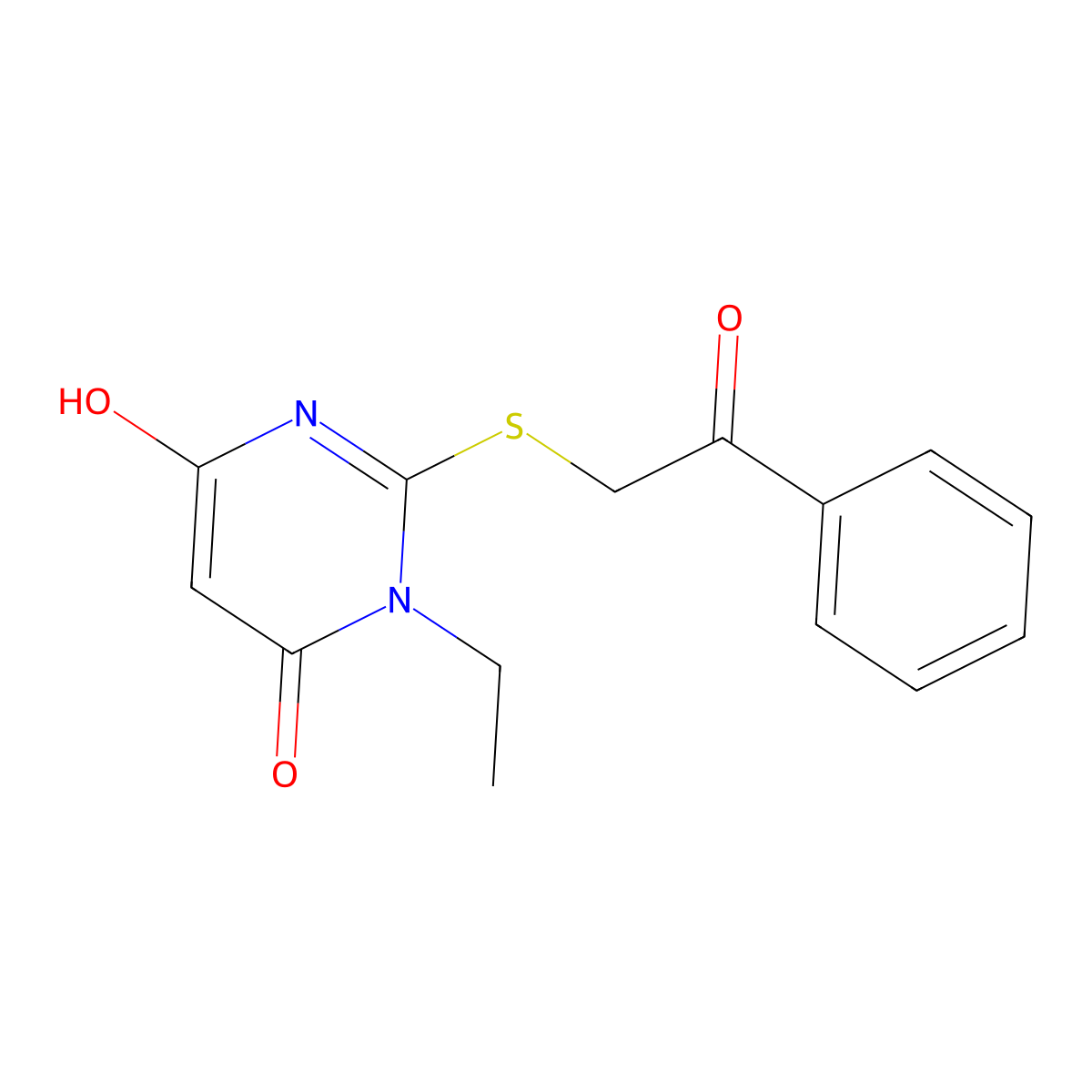 3-ethyl-6-hydroxy-2-[(2-oxo-2-phenylethyl)sulfanyl]pyrimidin-4(3H)-one molecular structure, CAS 415715-64-9