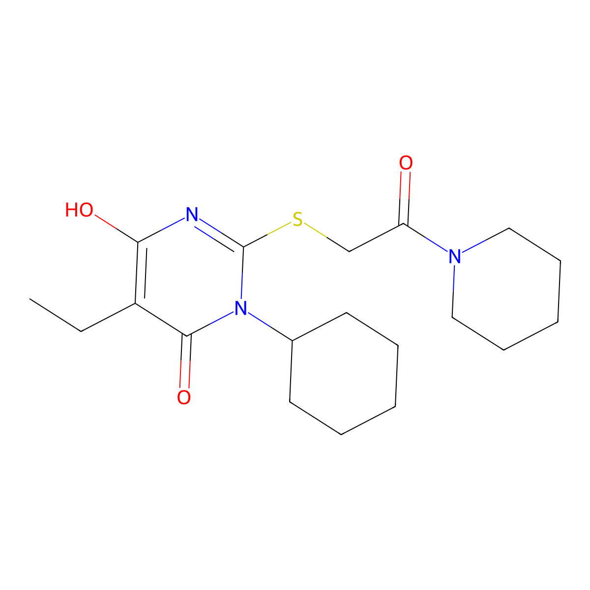 3-cyclohexyl-5-ethyl-6-hydroxy-2-{[2-oxo-2-(piperidin-1-yl)ethyl]sulfanyl}pyrimidin-4(3H)-one molecular structure, CAS 415720-91-1