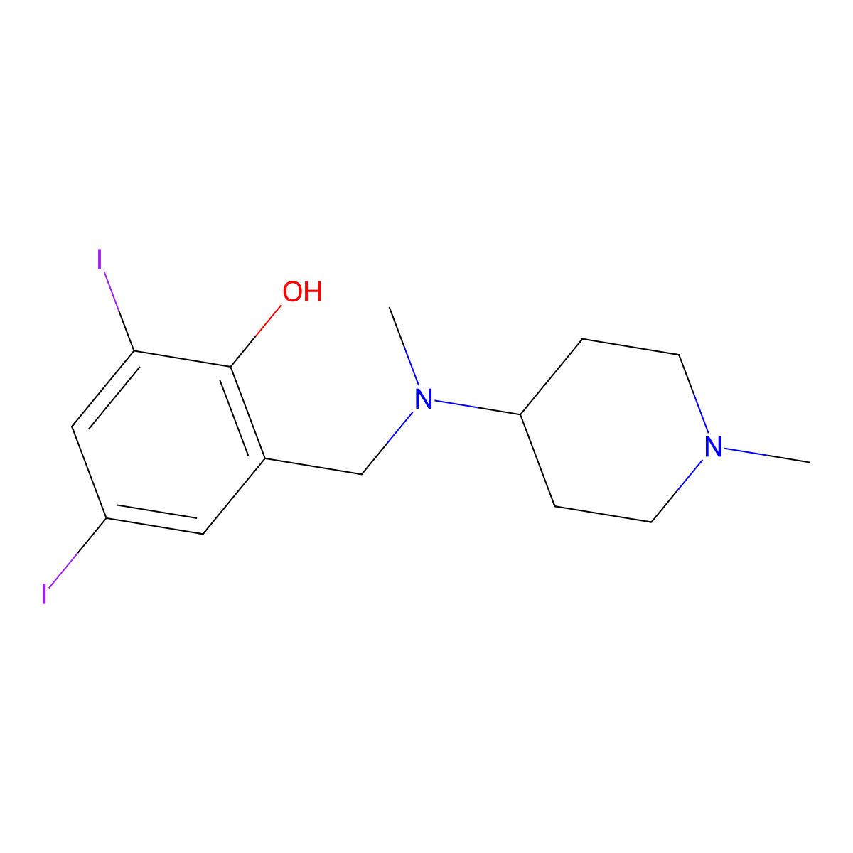 2,4-Diiodo-6-{[methyl(1-methylpiperidin-4-yl)amino]methyl}phenol molecular structure, CAS 415932-24-0