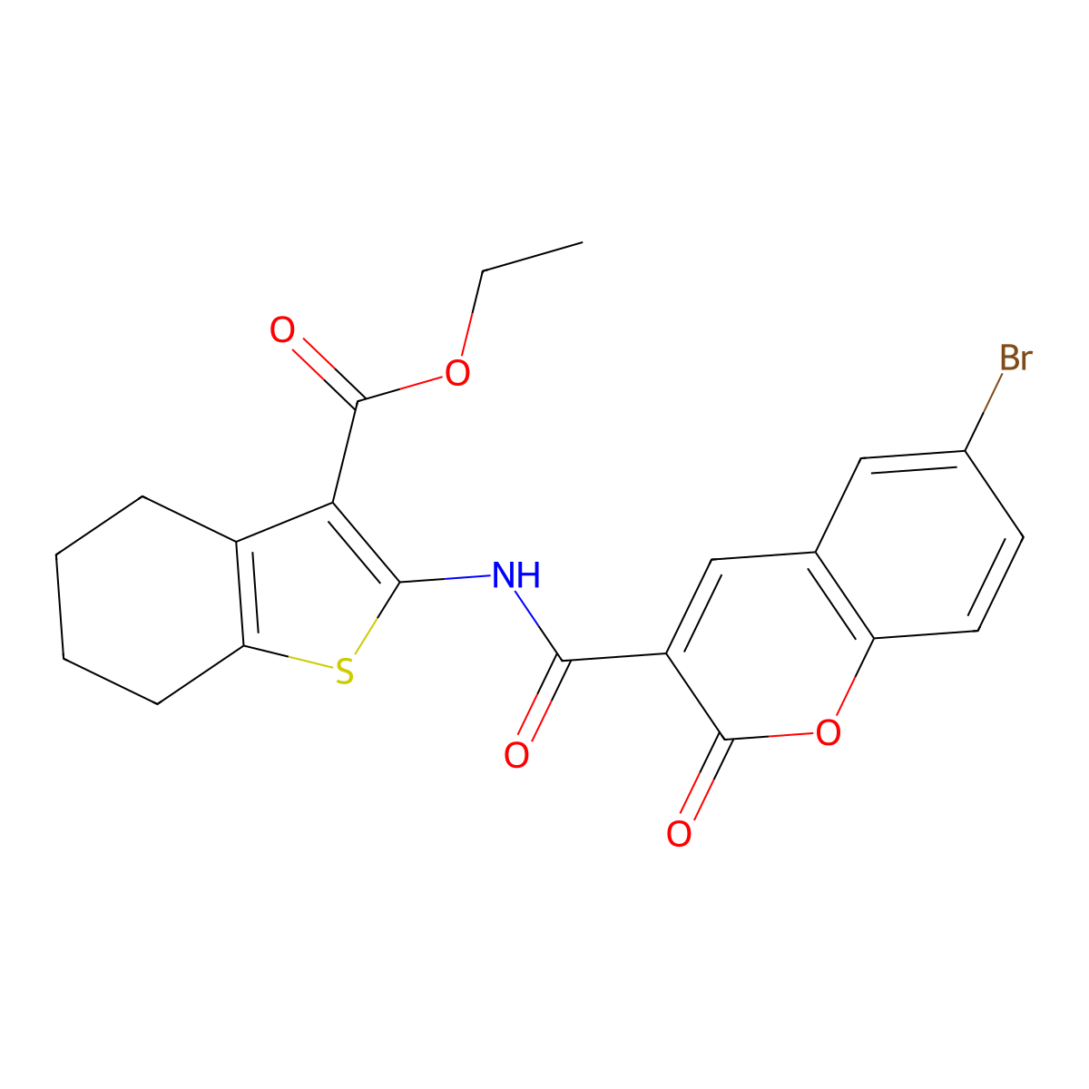 Ethyl 2-[(6-bromo-2-oxochromene-3-carbonyl)amino]-4,5,6,7-tetrahydro-1-benzothiophene-3-carboxylate molecular structure, CAS 415936-62-8