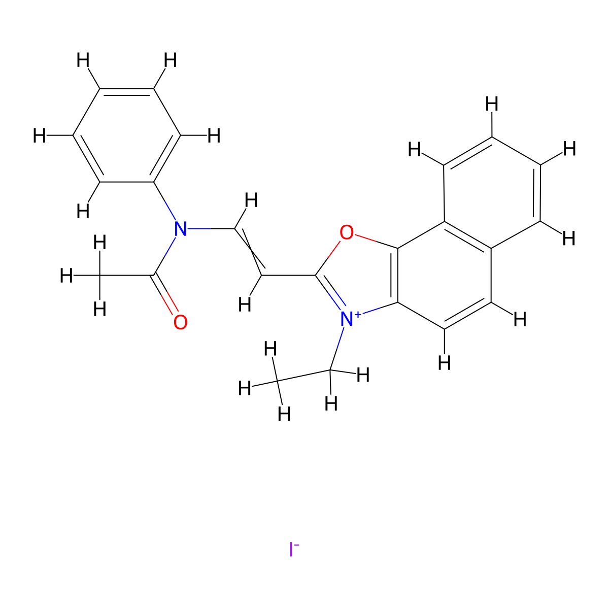 Naphth(2,1-d)oxazolium, 2-(2-(acetylphenylamino)ethenyl)-3-ethyl-, iodide (1:1) molecular structure, CAS 41672-54-2