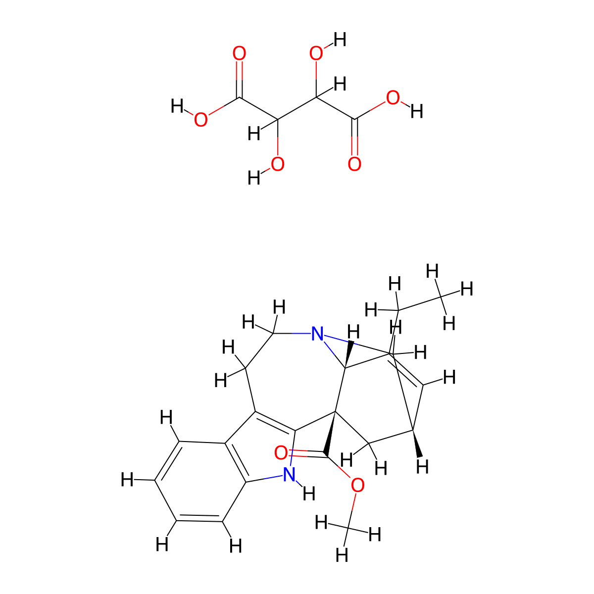 2,3-dihydroxybutanedioic acid;methyl (1R,15S,18R)-17-ethyl-3,13-diazapentacyclo[13.3.1.02,10.04,9.013,18]nonadeca-2(10),4,6,8,16-pentaene-1-carboxylate molecular structure, CAS 4168-17-6