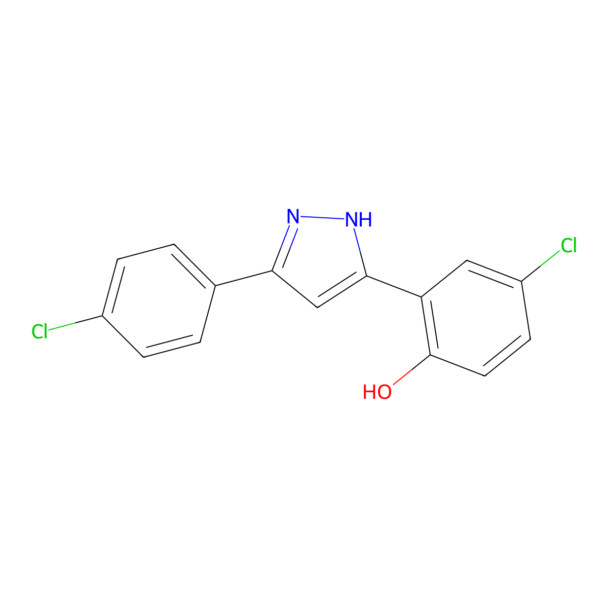 4-chloro-2-[3-(4-chlorophenyl)-1H-pyrazol-5-yl]phenol molecular structure, CAS 416873-21-7