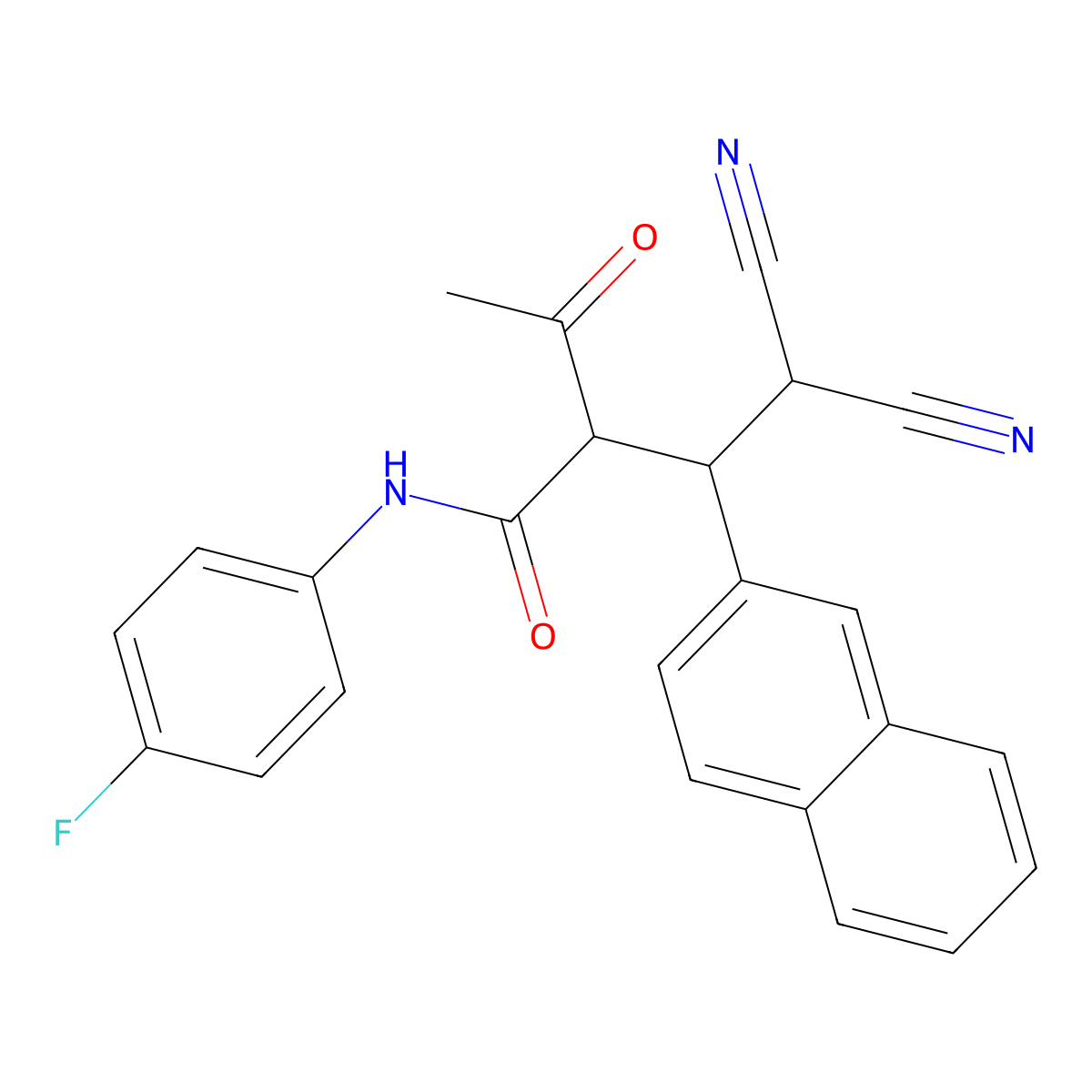 2-acetyl-4,4-dicyano-N-(4-fluorophenyl)-3-naphthalen-2-ylbutanamide molecular structure, CAS 416887-72-4