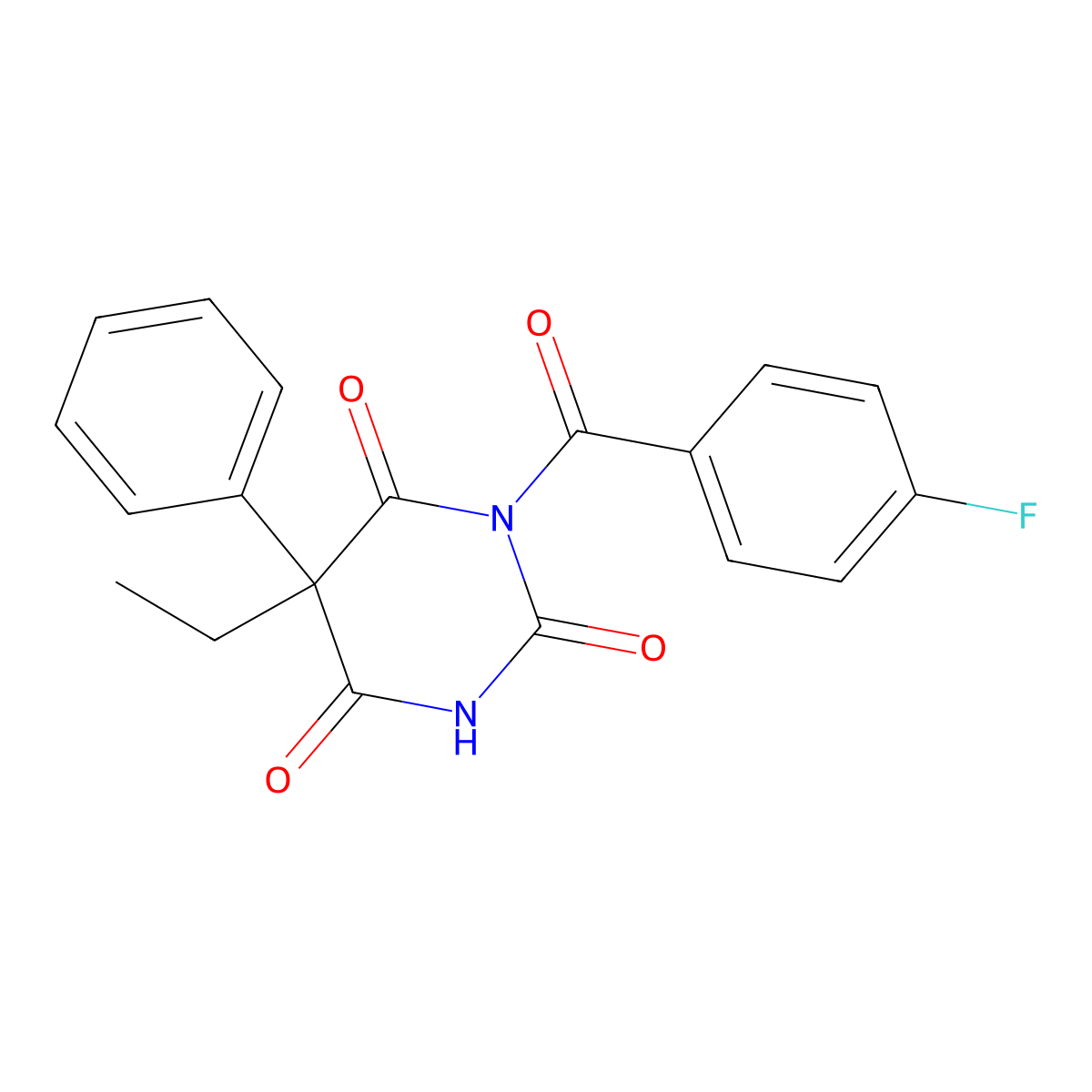 5-Ethyl-1-(4-fluorobenzoyl)-5-phenyl-1,3-diazinane-2,4,6-trione molecular structure, CAS 416888-68-1