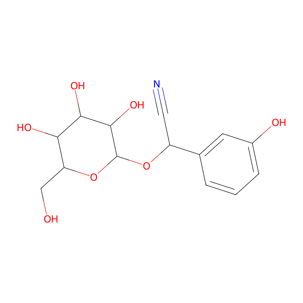 (R)-(beta-D-Glucopyranosyloxy)(3-hydroxyphenyl)acetonitrile molecular structure, CAS 41753-54-2
