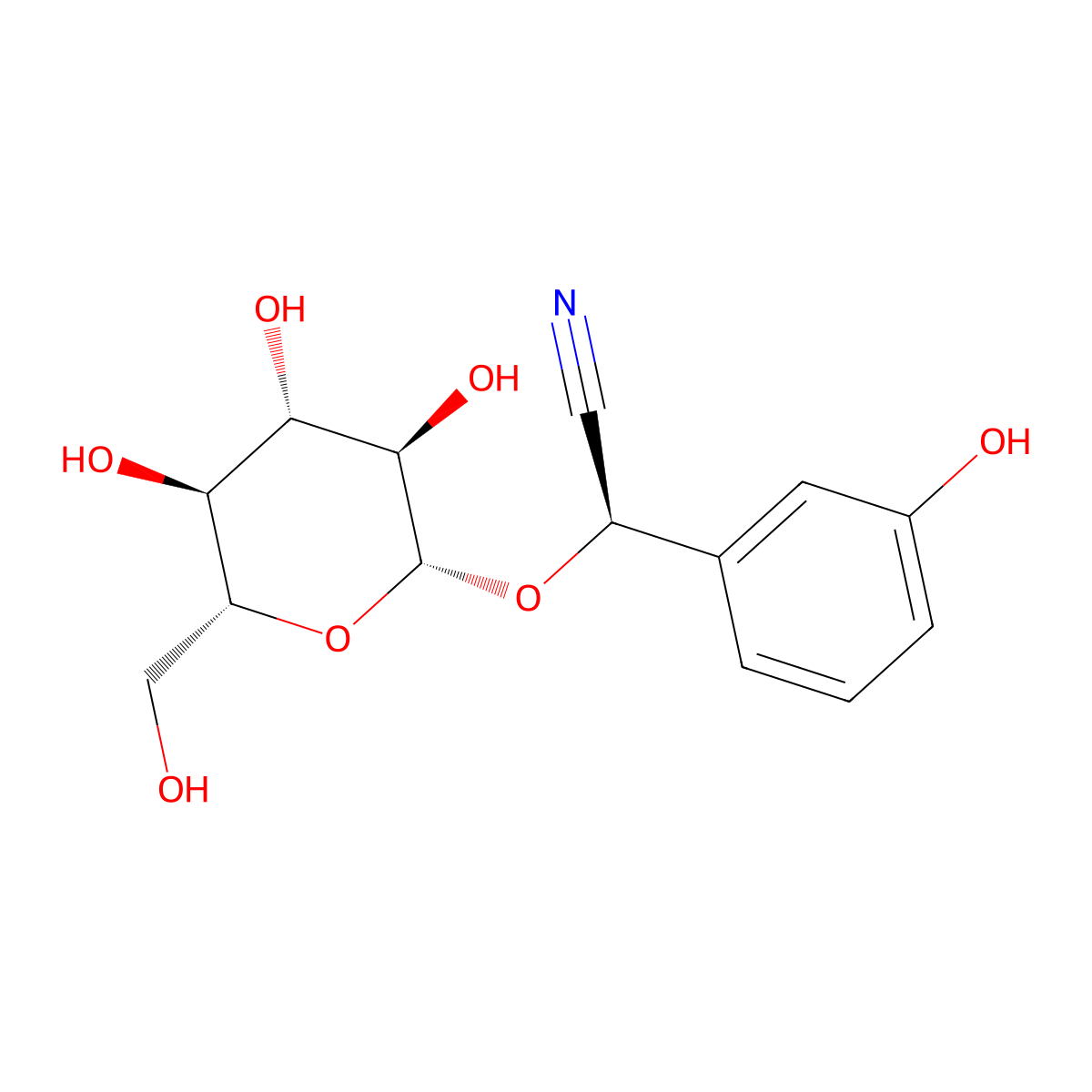 (R)-(beta-D-Glucopyranosyloxy)(3-hydroxyphenyl)acetonitrile molecular structure, CAS 41753-54-2