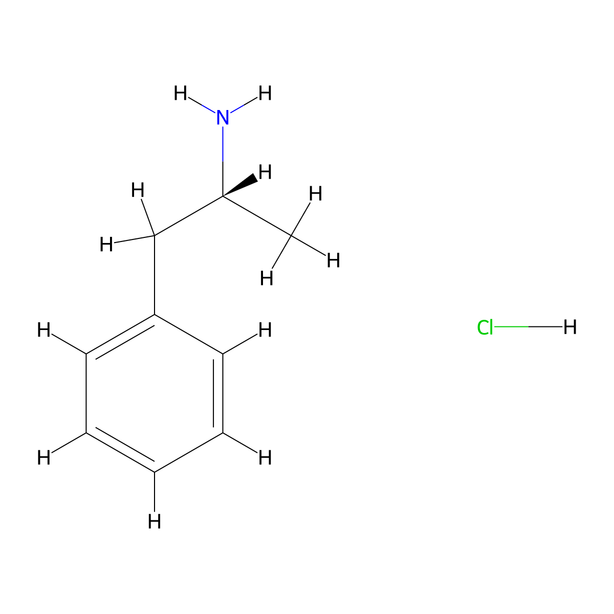 Levamfetamine hydrochloride molecular structure, CAS 41820-21-7
