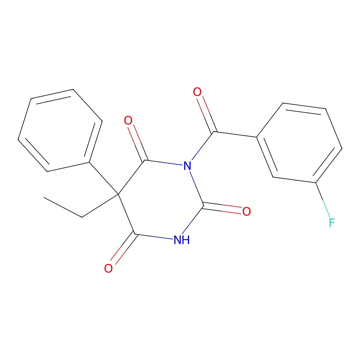 5-Ethyl-1-(3-fluorobenzoyl)-5-phenyl-1,3-diazinane-2,4,6-trione molecular structure, CAS 418777-01-2