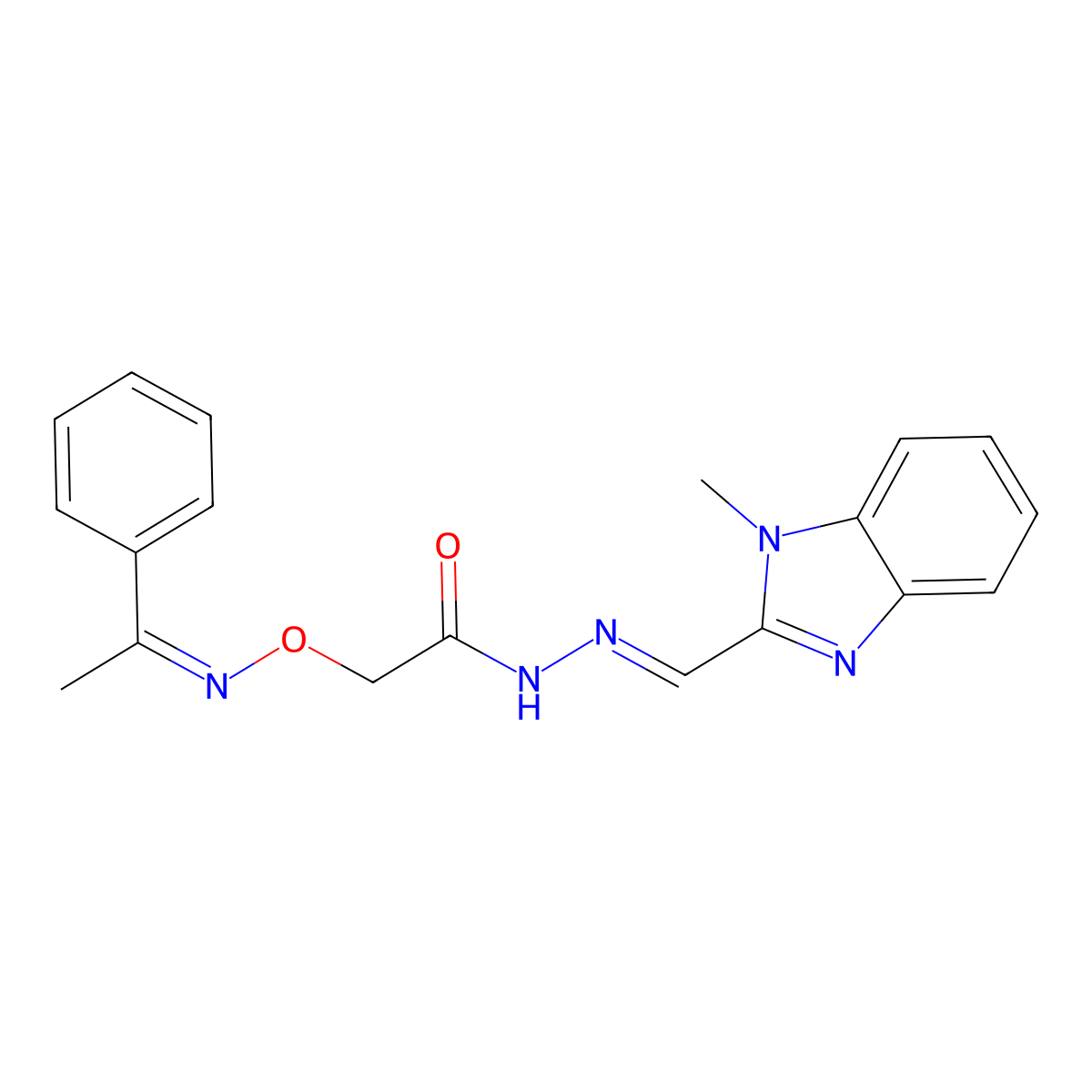 2-[[(1-Phenylethylidene)amino]oxy]acetic acid 2-[(1-methyl-1H-benzimidazol-2-yl)methylene]hydrazide molecular structure, CAS 418778-26-4