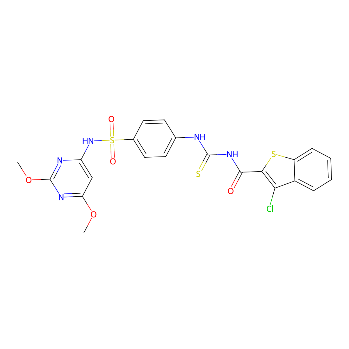 3-chloro-N-[[4-[(2,6-dimethoxypyrimidin-4-yl)sulfamoyl]phenyl]carbamothioyl]-1-benzothiophene-2-carboxamide molecular structure, CAS 418780-59-3