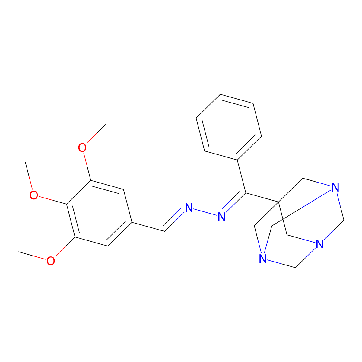 3,4,5-Trimethoxybenzaldehyde 2-(phenyl-1,3,5-triazatricyclo[3.3.1.13,7]dec-7-ylmethylene)hydrazone molecular structure, CAS 418781-21-2