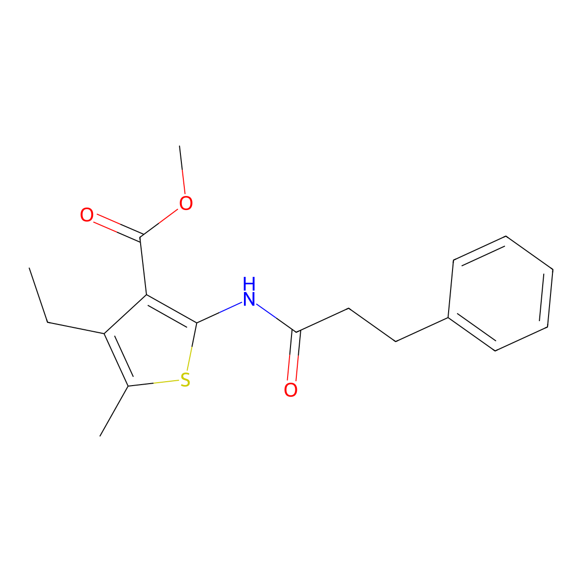 Methyl 4-ethyl-5-methyl-2-(3-phenylpropanoylamino)thiophene-3-carboxylate molecular structure, CAS 418785-71-4