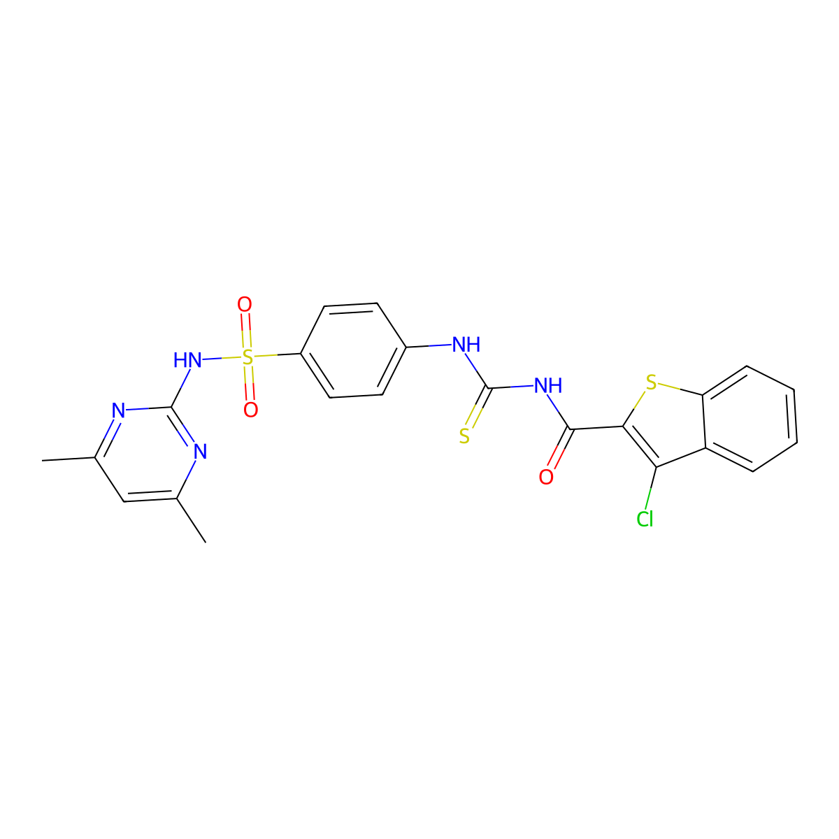 3-chloro-N-[[4-[(4,6-dimethylpyrimidin-2-yl)sulfamoyl]phenyl]carbamothioyl]-1-benzothiophene-2-carboxamide molecular structure, CAS 418786-26-2