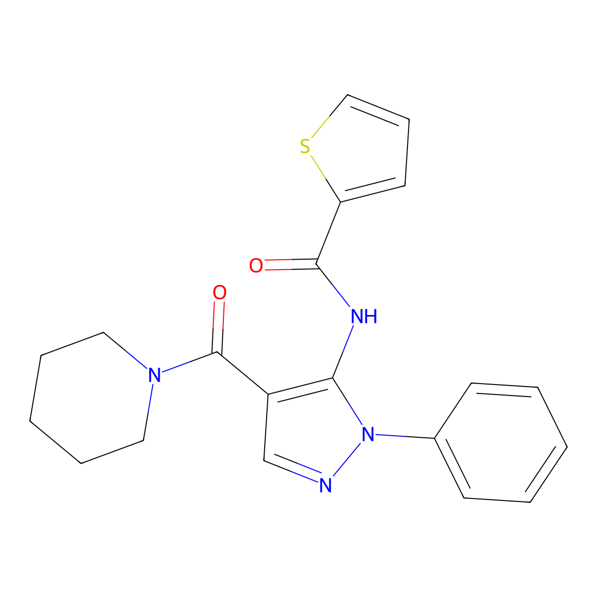 N-[2-phenyl-4-(piperidine-1-carbonyl)pyrazol-3-yl]thiophene-2-carboxamide molecular structure, CAS 418794-58-8