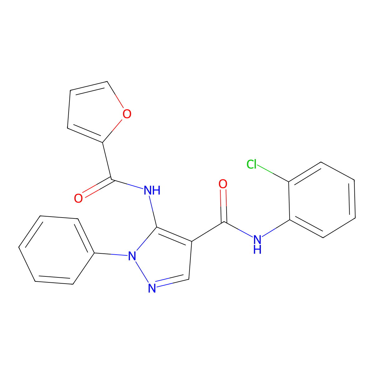 N-(2-chlorophenyl)-5-(furan-2-carbonylamino)-1-phenylpyrazole-4-carboxamide molecular structure, CAS 418795-96-7