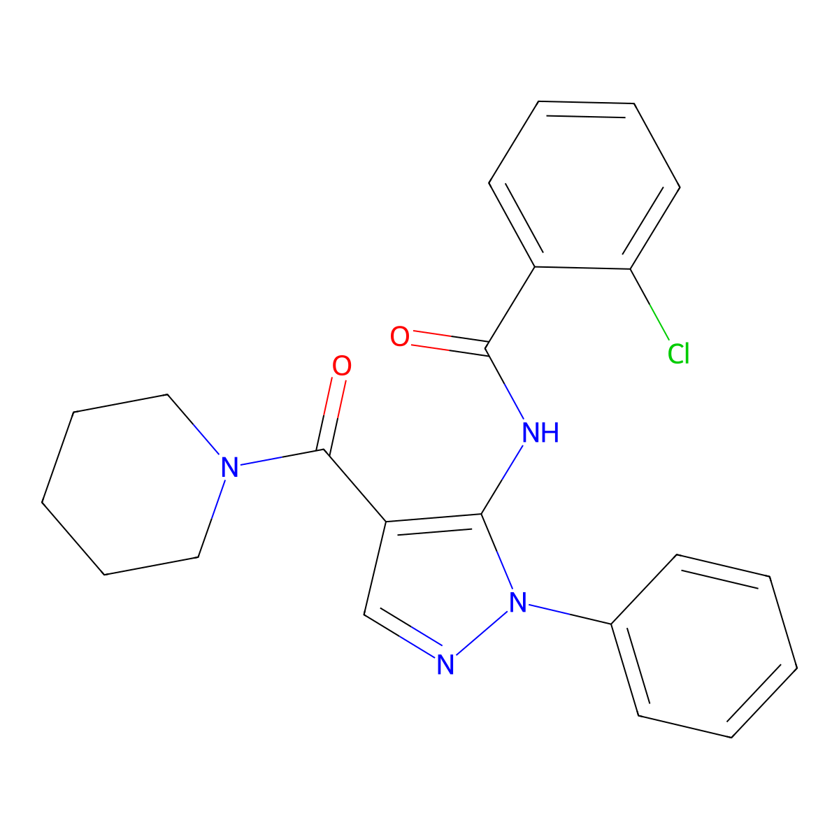 2-chloro-N-[2-phenyl-4-(piperidine-1-carbonyl)pyrazol-3-yl]benzamide molecular structure, CAS 418797-06-5