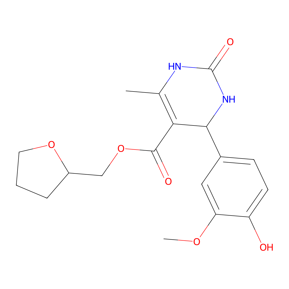 Tetrahydrofuran-2-ylmethyl 4-(4-hydroxy-3-methoxyphenyl)-6-methyl-2-oxo-1,2,3,4-tetrahydropyrimidine-5-carboxylate molecular structure, CAS 418799-34-5