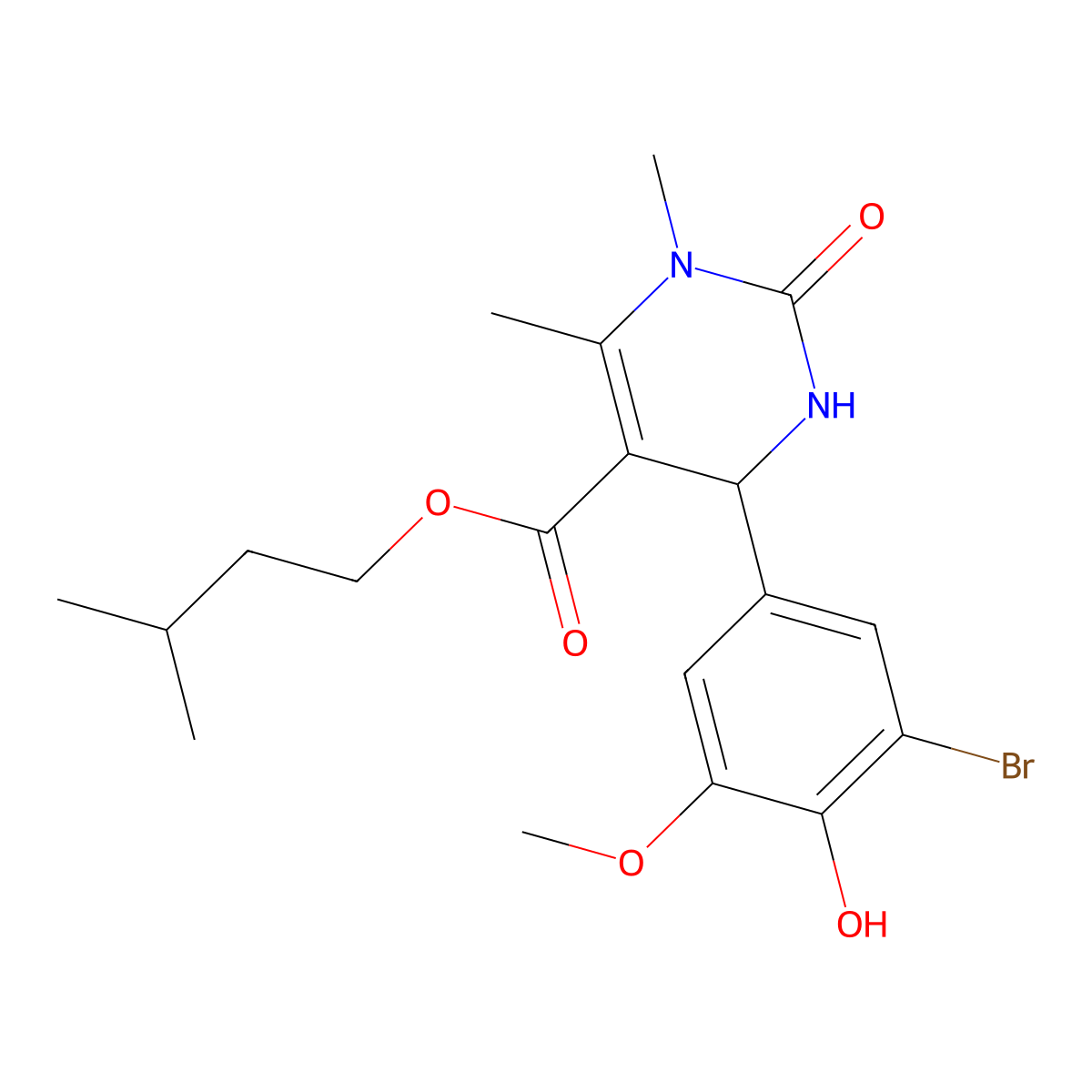 3-Methylbutyl 6-(3-bromo-4-hydroxy-5-methoxyphenyl)-3,4-dimethyl-2-oxo-1,6-dihydropyrimidine-5-carboxylate molecular structure, CAS 418808-86-3