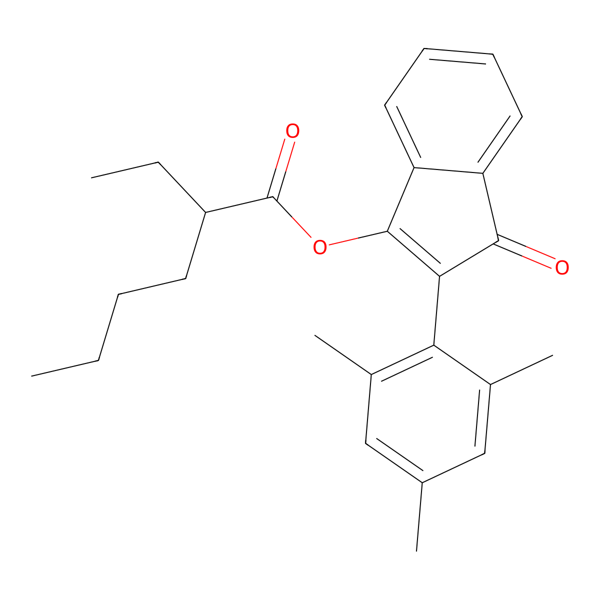 Hexanoic acid, 2-ethyl-, 1-oxo-2-(2,4,6-trimethylphenyl)-1H-inden-3-yl ester molecular structure, CAS 41905-80-0