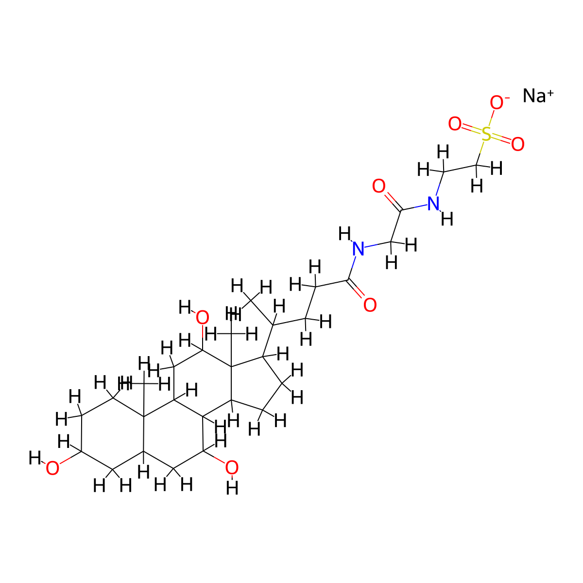 sodium 2-[[2-[4-(3,7,12-trihydroxy-10,13-dimethyl-2,3,4,5,6,7,8,9,11,12,14,15,16,17-tetradecahydro-1H-cyclopenta[a]phenanthren-17-yl)pentanoylamino]acetyl]amino]ethanesulfonate molecular structure, CAS 41945-48-6