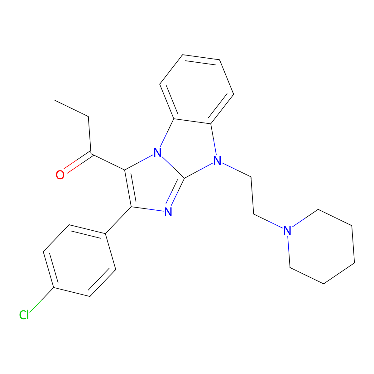 1-{2-(4-chlorophenyl)-9-[2-(piperidin-1-yl)ethyl]-9H-imidazo[1,2-a]benzimidazol-3-yl}propan-1-one molecular structure, CAS 419542-18-0
