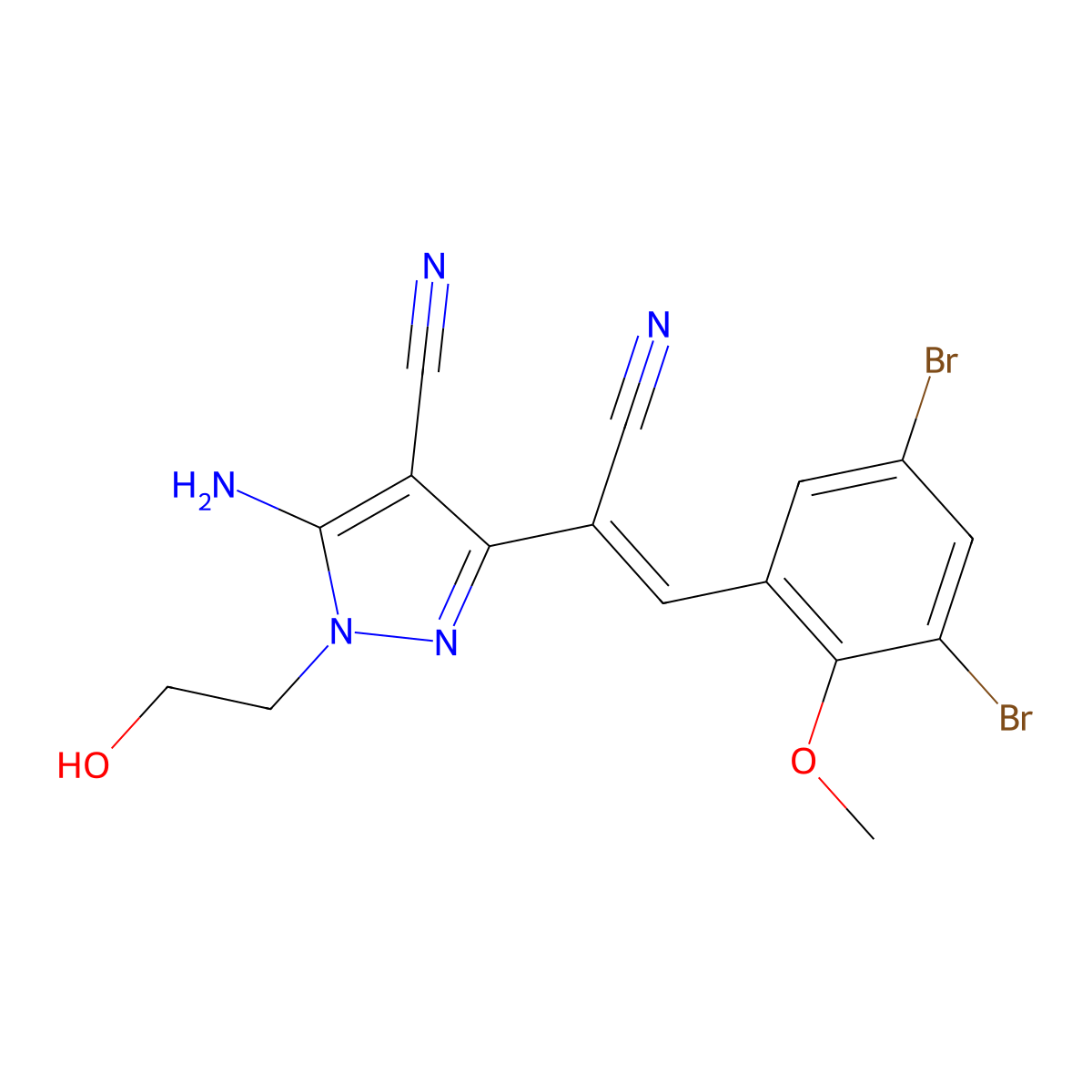 5-Amino-3-[1-cyano-2-(3,5-dibromo-2-methoxyphenyl)ethenyl]-1-(2-hydroxyethyl)pyrazole-4-carbonitrile molecular structure, CAS 419544-69-7