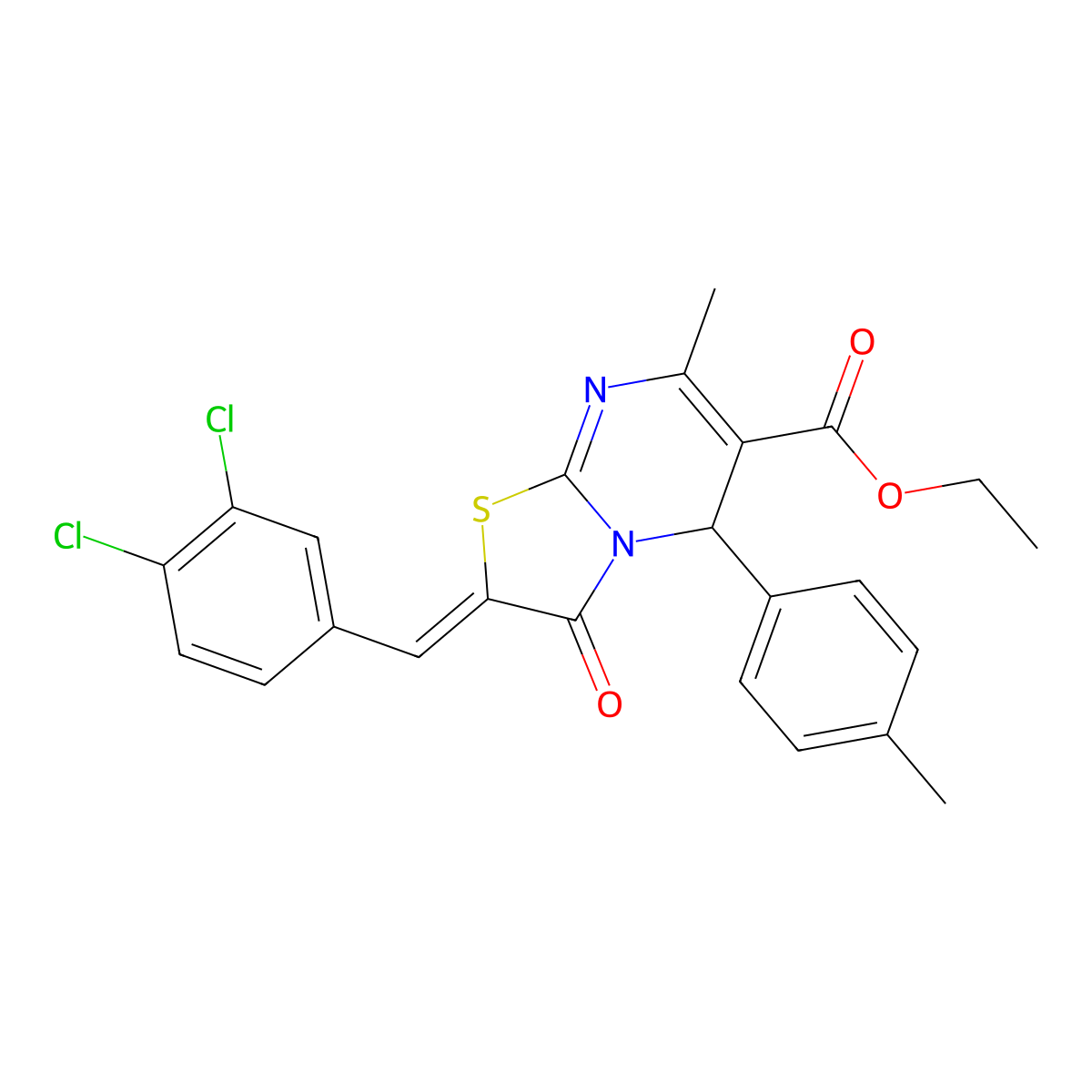 Ethyl (2E)-2-(3,4-dichlorobenzylidene)-7-methyl-5-(4-methylphenyl)-3-oxo-2,3-dihydro-5H-(1,3)thiazolo(3,2-A)pyrimidine-6-carboxylate molecular structure, CAS 419551-32-9