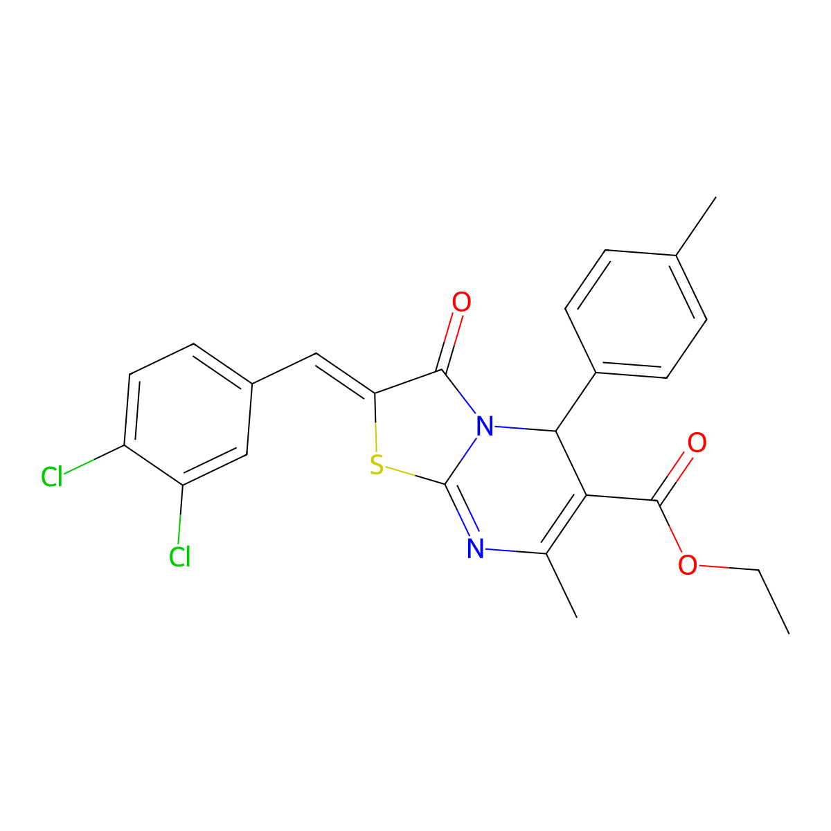 Ethyl (2E)-2-(3,4-dichlorobenzylidene)-7-methyl-5-(4-methylphenyl)-3-oxo-2,3-dihydro-5H-(1,3)thiazolo(3,2-A)pyrimidine-6-carboxylate molecular structure, CAS 419551-32-9