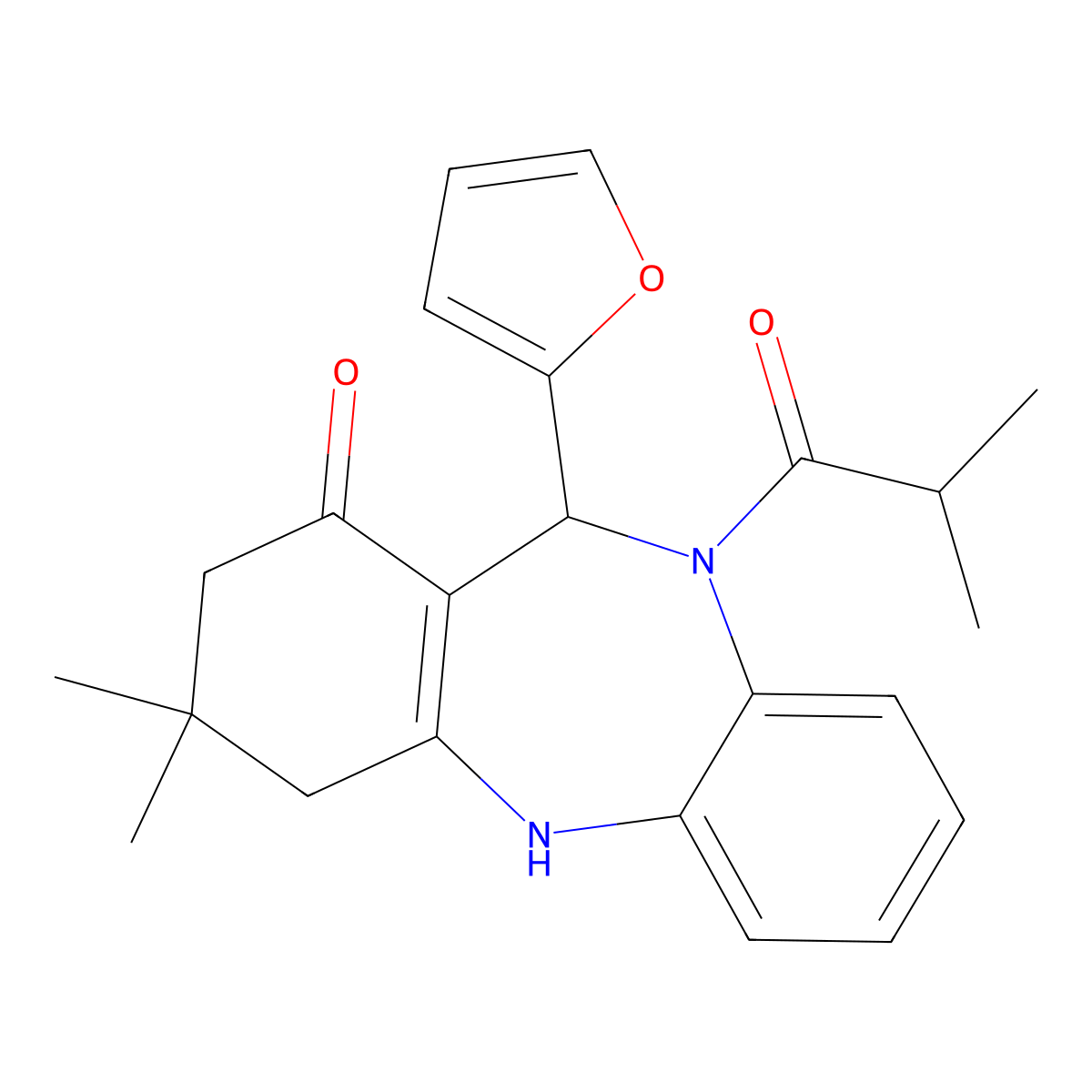 11-(2-furyl)-10-isobutyryl-3,3-dimethyl-2,3,4,5,10,11-hexahydro-1H-dibenzo[b,e][1,4]diazepin-1-one molecular structure, CAS 419551-51-2