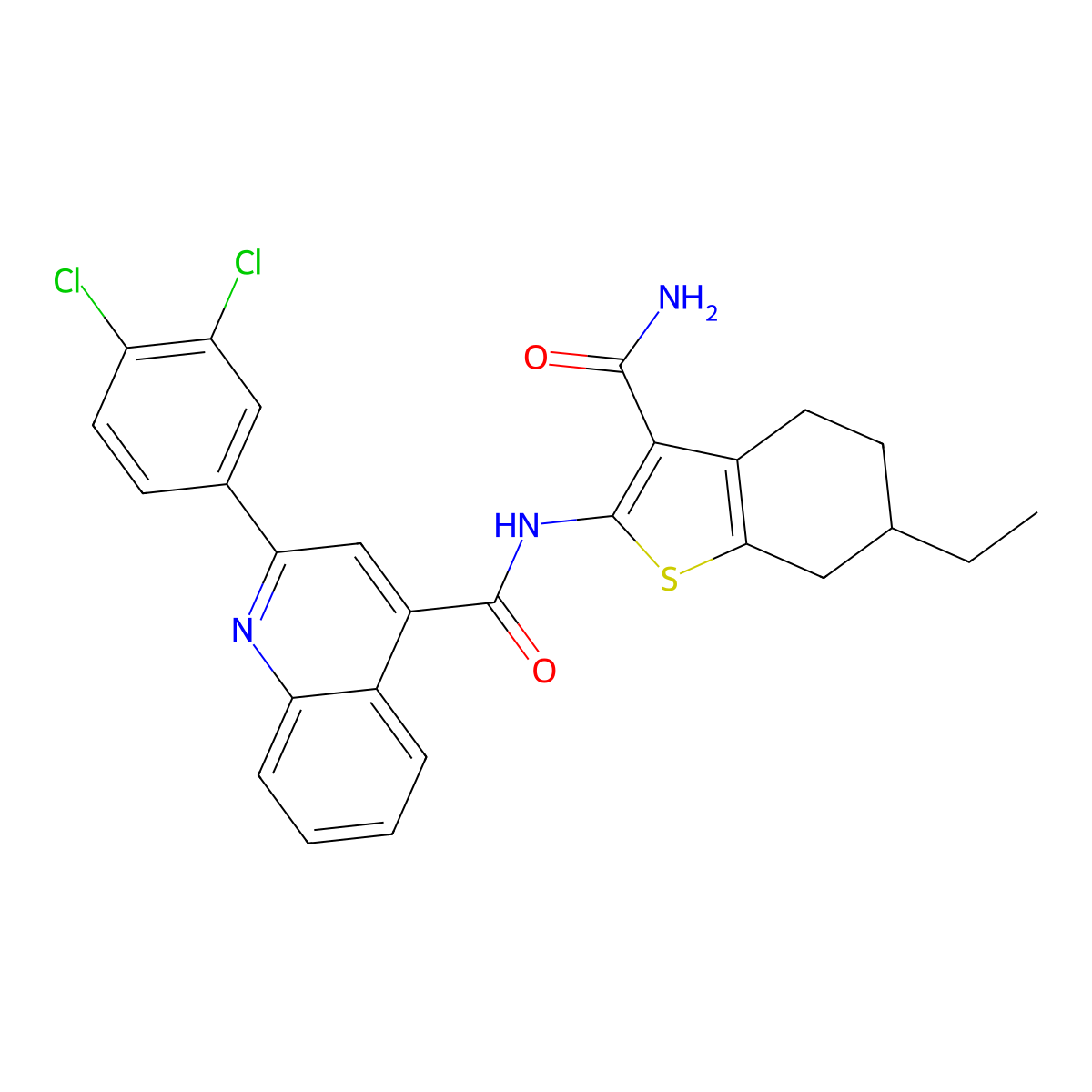 N-(3-carbamoyl-6-ethyl-4,5,6,7-tetrahydro-1-benzothiophen-2-yl)-2-(3,4-dichlorophenyl)quinoline-4-carboxamide molecular structure, CAS 419557-82-7