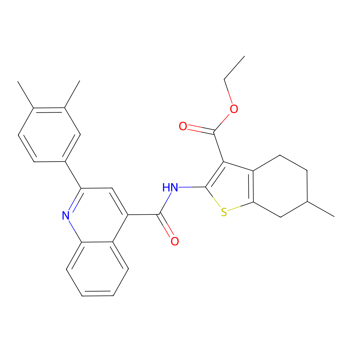 Ethyl 2-({[2-(3,4-dimethylphenyl)quinolin-4-yl]carbonyl}amino)-6-methyl-4,5,6,7-tetrahydro-1-benzothiophene-3-carboxylate molecular structure, CAS 419557-93-0