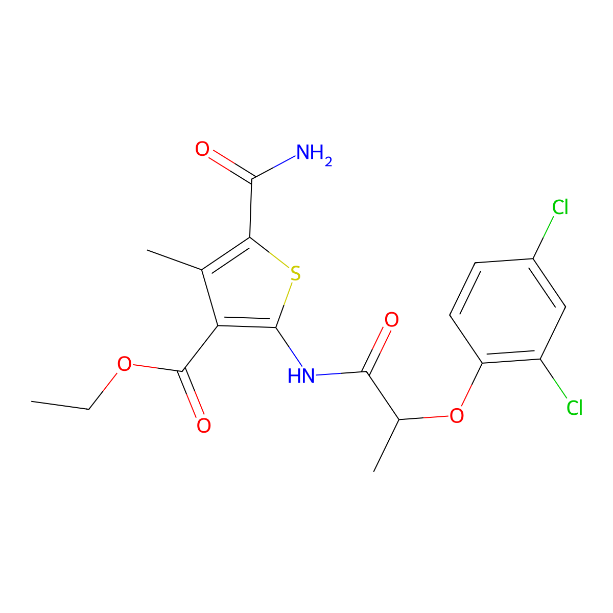 Ethyl 5-carbamoyl-2-[2-(2,4-dichlorophenoxy)propanoylamino]-4-methylthiophene-3-carboxylate molecular structure, CAS 419557-99-6