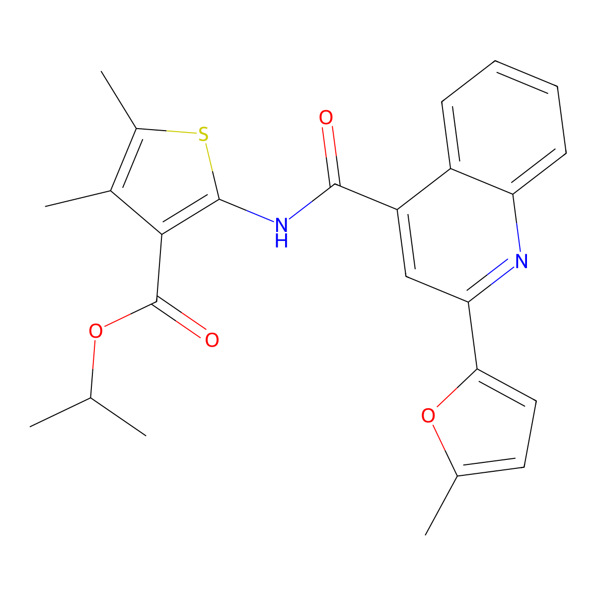 Propan-2-yl 4,5-dimethyl-2-[[2-(5-methylfuran-2-yl)quinoline-4-carbonyl]amino]thiophene-3-carboxylate molecular structure, CAS 419558-06-8