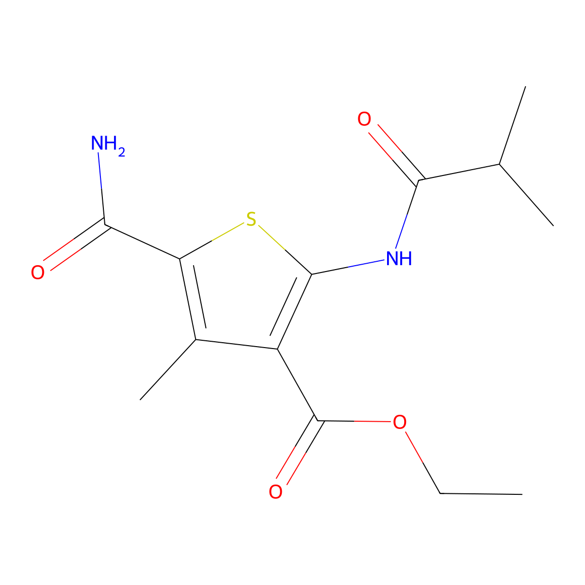 Ethyl 5-carbamoyl-4-methyl-2-(2-methylpropanoylamino)thiophene-3-carboxylate molecular structure, CAS 419558-25-1