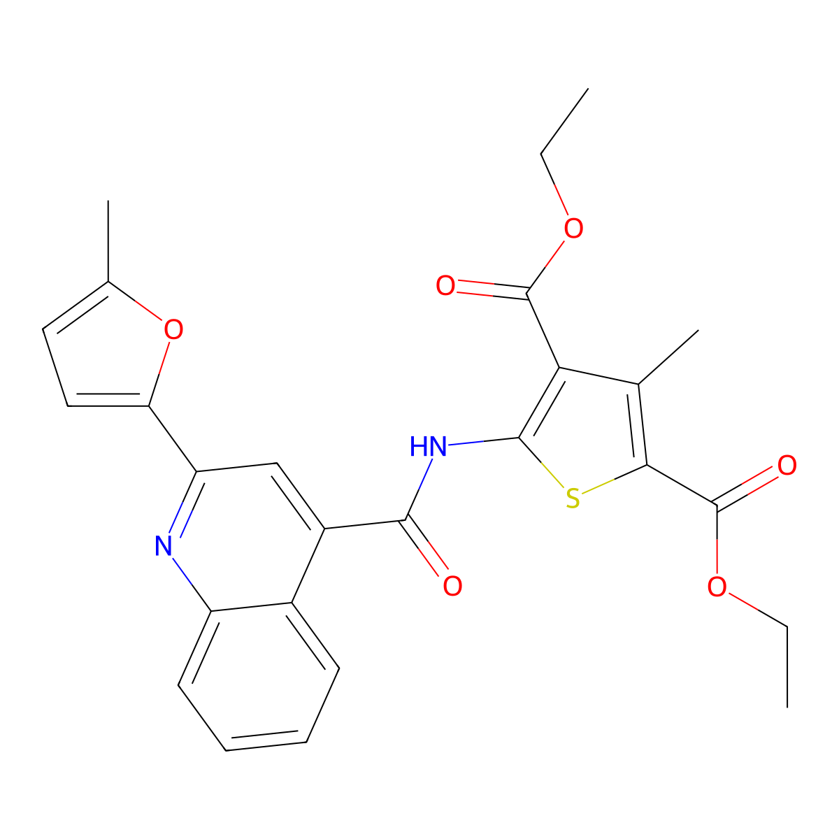 Diethyl 3-methyl-5-[[2-(5-methylfuran-2-yl)quinoline-4-carbonyl]amino]thiophene-2,4-dicarboxylate molecular structure, CAS 419558-31-9