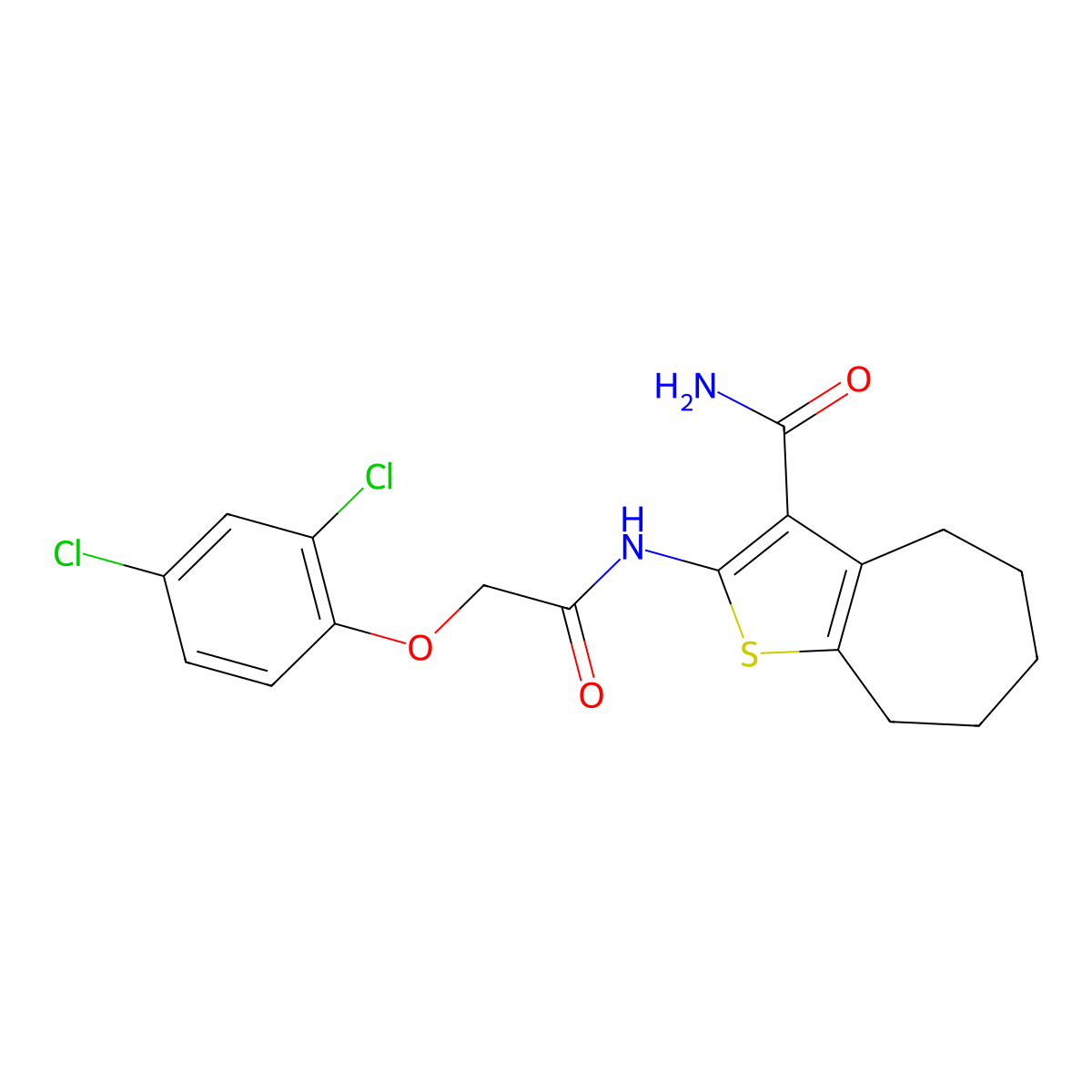2-(2-(2,4-dichlorophenoxy)acetamido)-5,6,7,8-tetrahydro-4H-cyclohepta[b]thiophene-3-carboxamide molecular structure, CAS 419558-42-2