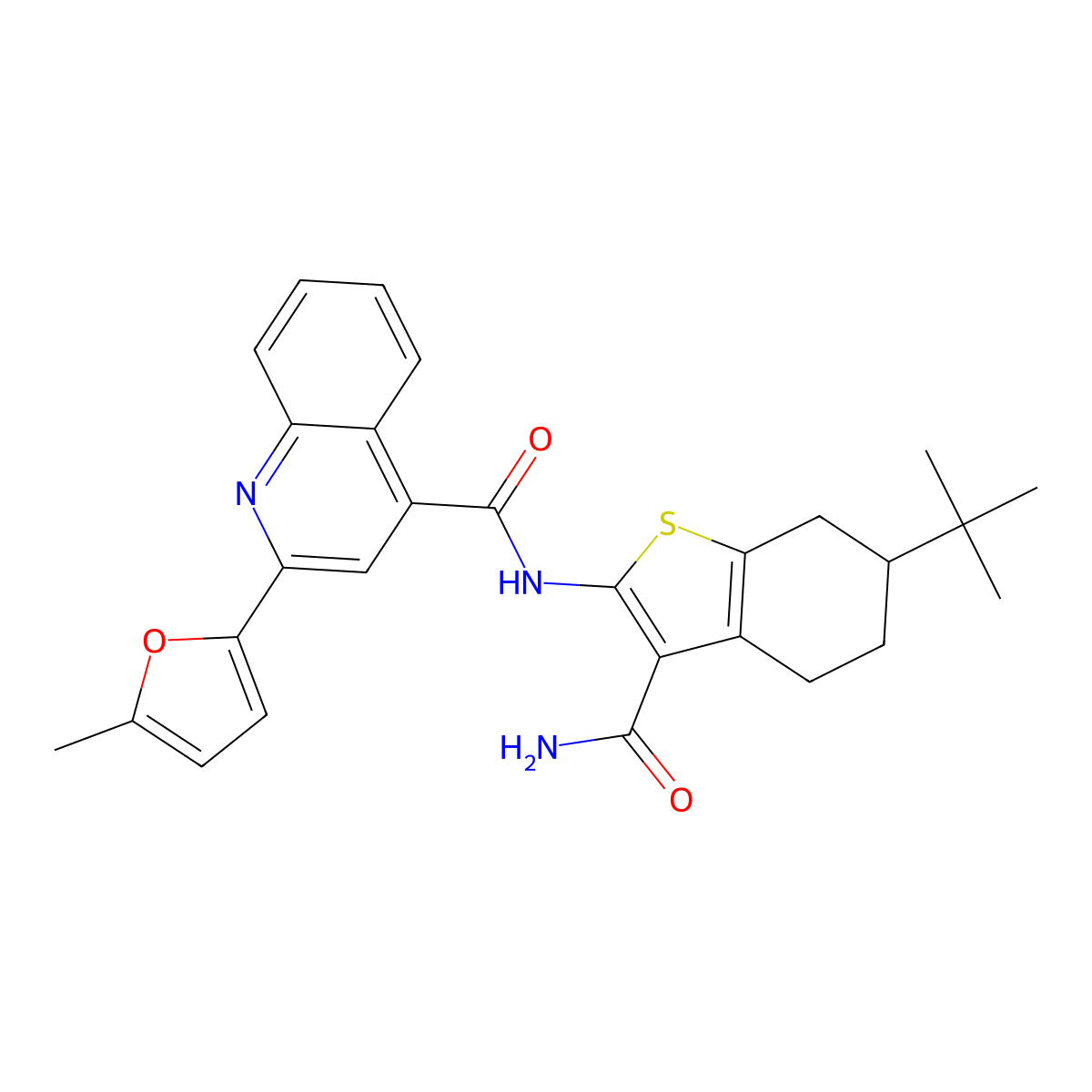 N-(6-tert-butyl-3-carbamoyl-4,5,6,7-tetrahydro-1-benzothiophen-2-yl)-2-(5-methylfuran-2-yl)quinoline-4-carboxamide molecular structure, CAS 419559-00-5