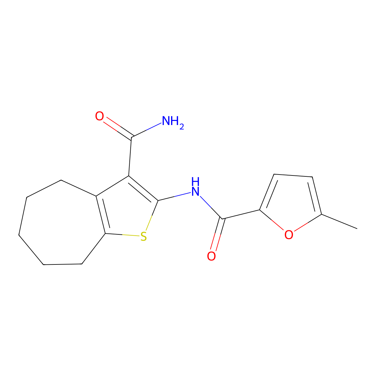 N-(3-carbamoyl-5,6,7,8-tetrahydro-4H-cyclohepta[b]thiophen-2-yl)-5-methylfuran-2-carboxamide molecular structure, CAS 419559-31-2