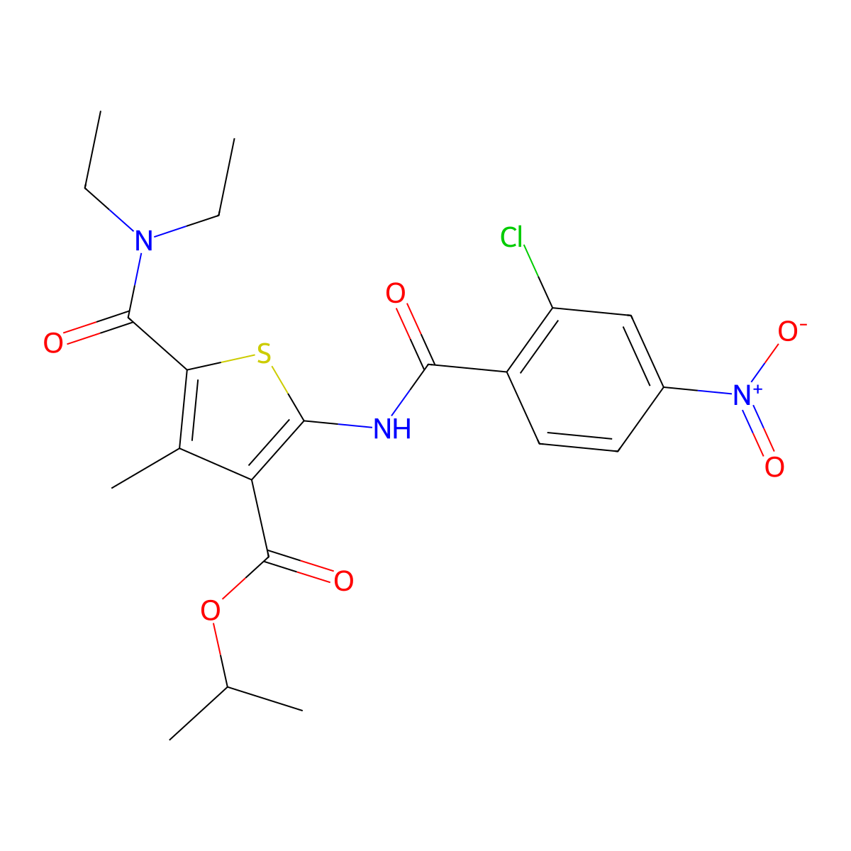 Propan-2-yl 2-[(2-chloro-4-nitrobenzoyl)amino]-5-(diethylcarbamoyl)-4-methylthiophene-3-carboxylate molecular structure, CAS 419559-47-0