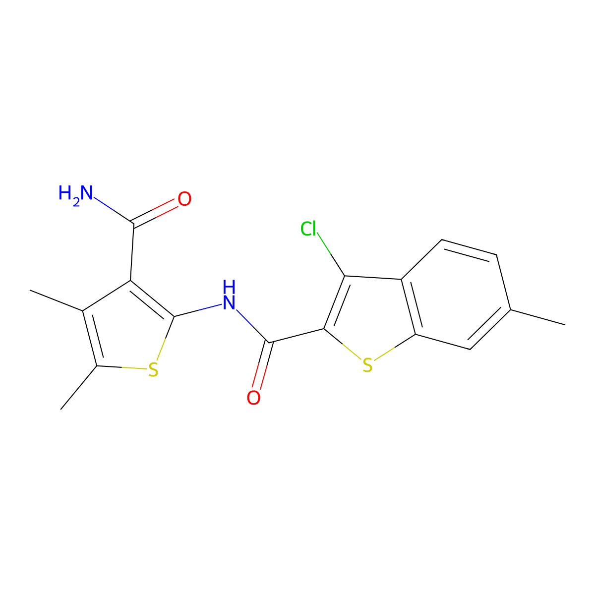 N-(3-carbamoyl-4,5-dimethylthiophen-2-yl)-3-chloro-6-methyl-1-benzothiophene-2-carboxamide molecular structure, CAS 419559-62-9