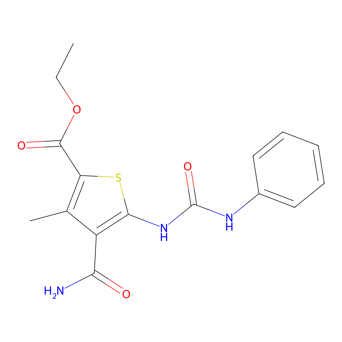 Ethyl 4-(aminocarbonyl)-3-methyl-5-[[(phenylamino)carbonyl]amino]-2-thiophenecarboxylate molecular structure, CAS 419559-80-1