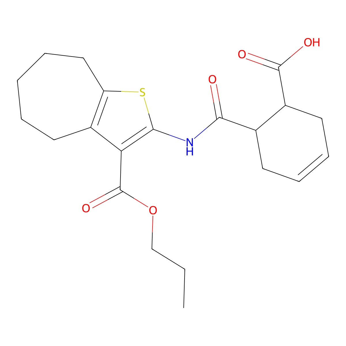 6-{[3-(propoxycarbonyl)-5,6,7,8-tetrahydro-4H-cyclohepta[b]thiophen-2-yl]carbamoyl}cyclohex-3-ene-1-carboxylic acid molecular structure, CAS 419560-23-9