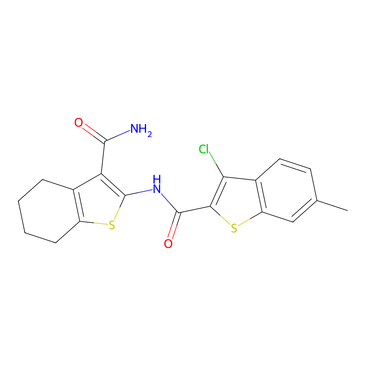 N-(3-carbamoyl-4,5,6,7-tetrahydro-1-benzothiophen-2-yl)-3-chloro-6-methyl-1-benzothiophene-2-carboxamide molecular structure, CAS 419560-35-3