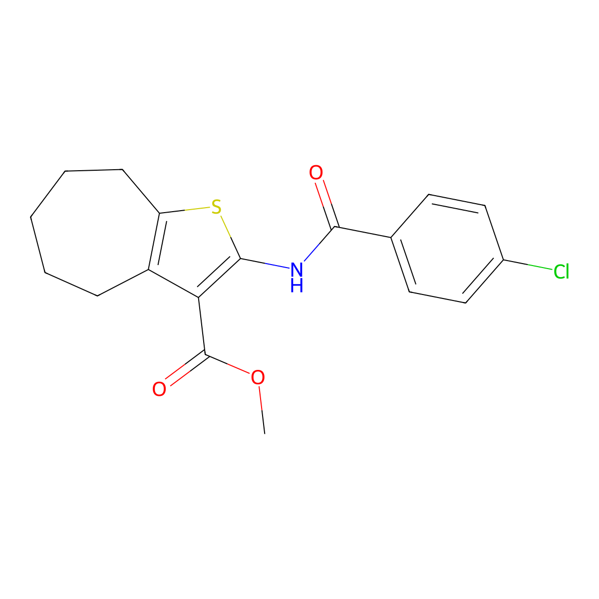 methyl 2-[(4-chlorobenzoyl)amino]-5,6,7,8-tetrahydro-4H-cyclohepta[b]thiophene-3-carboxylate molecular structure, CAS 419560-64-8