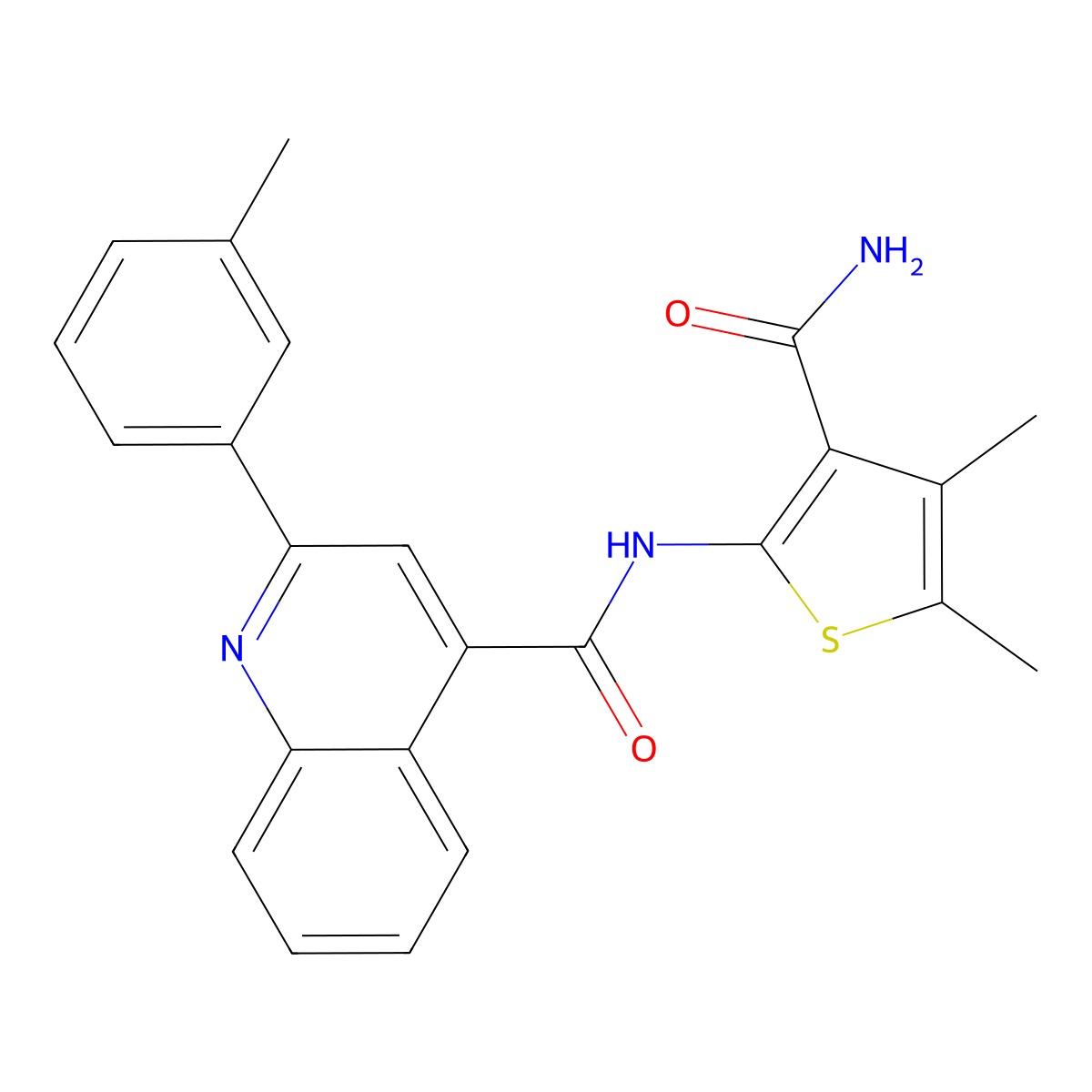 N-(3-carbamoyl-4,5-dimethylthiophen-2-yl)-2-(3-methylphenyl)quinoline-4-carboxamide molecular structure, CAS 420089-68-5